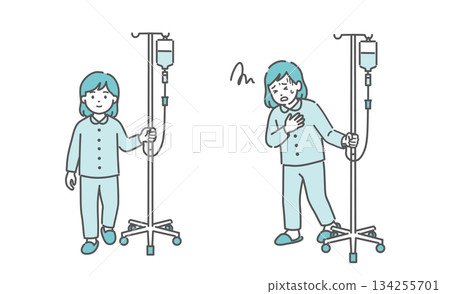 A girl walking while pushing an IV stand and a girl clutching her chest in pain (comparison set) 134255701