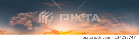 Sunset sky with bright glowing pink Cirrus clouds. Seamless spherical HDR 360 panorama. Full zenith or sky dome in 3D, sky replacement for aerial drone panoramas. Climate and weather change. Sunset sky with bright glowing pink Cirrus clouds. Seamless spherical HDR 360 panorama. Full zenith or sky dome in 3D, sky replacement for aerial drone panoramas. Climate and weather change. 134255747