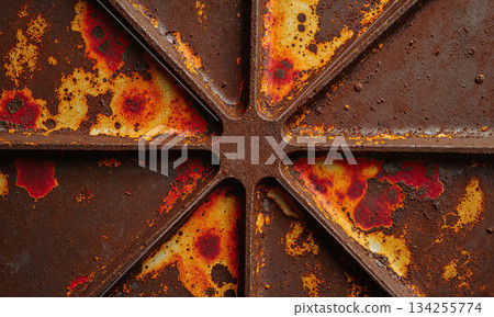 Rust Bloom. A close-up, macro shot of a rusted metal surface, where the oxidation has created beautiful, intricate patterns 134255774