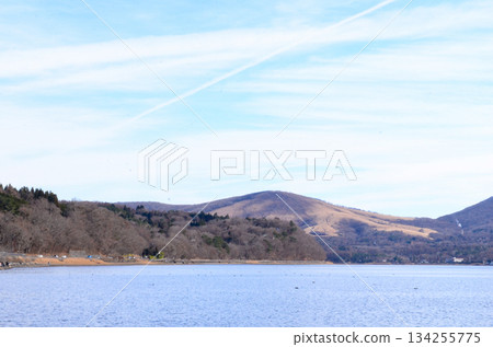 山中湖、山脈和飛機尾跡 134255775