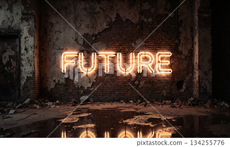 Neon Sign Future . A bright, glowing neon sign spelling the word FUTURE is mounted on a crumbling, stained brick wall 134255776