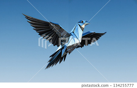 A colossal origami bird folded from mirrored glass, soaring through a minimal sky, symbolizing transformation, precision, and elegance hyperdetailed glass 134255777