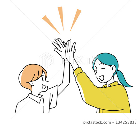 Illustration of a parent and child high-fiving | Success, achievement, positive moments Illustration of a parent and child high-fiving | Success, achievement, positive moments 134255835