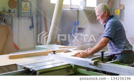Senior carpenter working with circular saw in workshop 134256196