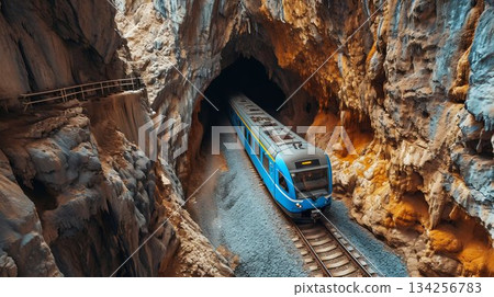 Electric Train Emerging from a Mountain Tunnel. Generative ai 134256783