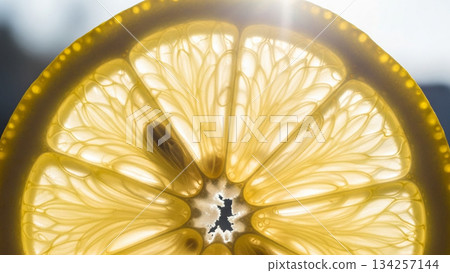 Illuminated Macro Shot of Fresh Lemon Slice 134257144
