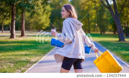 A young woman in a hoodie walks along a park path with a yoga mat, coffee and a yellow bag. A young woman in a hoodie walks along a park path with a yoga mat, coffee and a yellow bag. 134257444