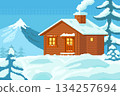 Cozy winter cabin home pixel art with snowfall and pine on mountain and sky background. 134257694