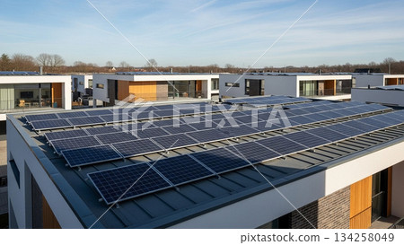 Rooftop Solar Panel Array on Modern Smart Homes at Daylight Rooftop Solar Panel Array on Modern Smart Homes at Daylight 134258049