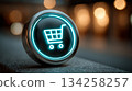 Glowing shopping cart icon on futuristic button 134258257