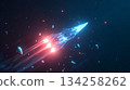 Futuristic spaceship flying through deep space with glowing thrusters 134258262