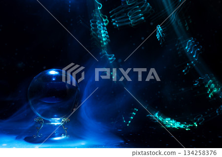 Mystical Crystal Ball Ritual with Red Energy Lines and Cosmic Transformation Mystical Crystal Ball Ritual with Red Energy Lines and Cosmic Transformation 134258376