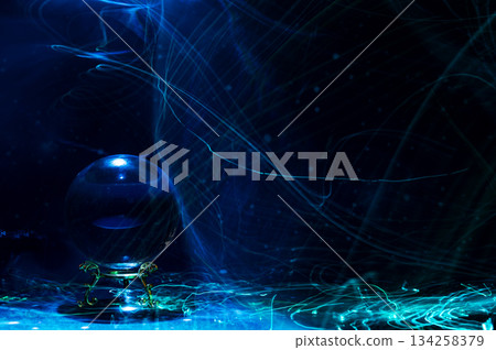 Mystical Crystal Ball Ritual with Red Energy Lines and Cosmic Transformation Mystical Crystal Ball Ritual with Red Energy Lines and Cosmic Transformation 134258379
