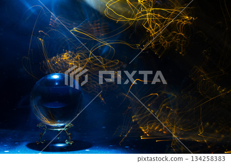 Mystical Crystal Ball Ritual with Red Energy Lines and Cosmic Transformation 134258383