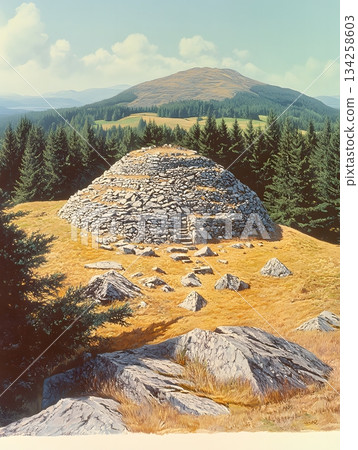 Ancient Cairn Summit: Mountain Vista with Stone Monument and Forested Landscape Ancient Cairn Summit: Mountain Vista with Stone Monument and Forested Landscape 134258603