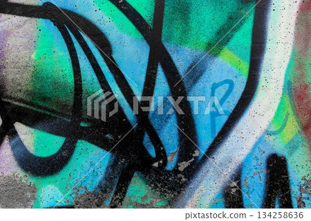 Abstract Urban Graffiti Art with Neon Green, Blue, Black Lines for 90s, Street Style 134258636
