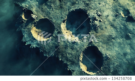 Dramatic Lunar Landscape: Craters Seen From Above in a Teal Color Palette Dramatic Lunar Landscape: Craters Seen From Above in a Teal Color Palette 134258708