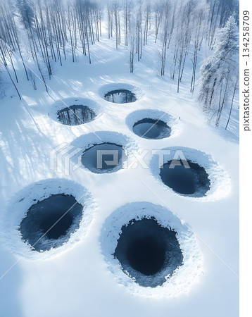 Aerial winter scene featuring open ice fishing holes in snow covered landscape. 134258709