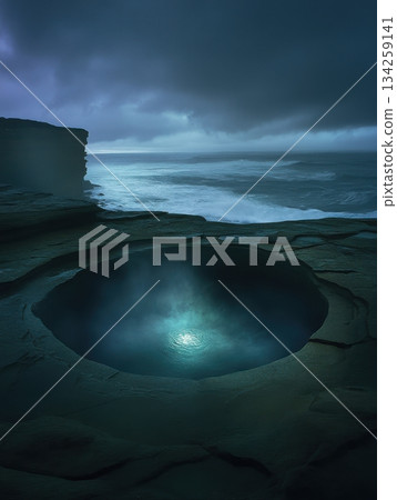 Dramatic Ocean Cliffside Pool Mysterious Teal Water Dark Moody Coastal Scene sea sky wild view blue 134259141