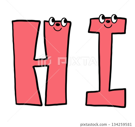 Hand writing HI letters with cartoon font for text, message, words, typography, cute patch, sign, symbol, print, social media, banner, sticker, emoji, icon, decoration, fridge magnet, greeting card Hand writing HI letters with cartoon font for text, message, words, typography, cute patch, sign, symbol, print, social media, banner, sticker, emoji, icon, decoration, fridge magnet, greeting card 134259581