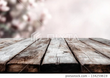 Wooden table against spring background Wooden table against spring background 134259619