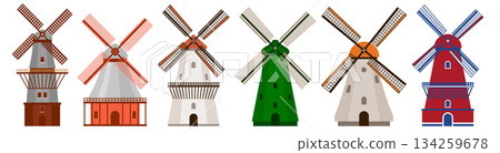 Colorful Traditional Dutch Windmills 134259678