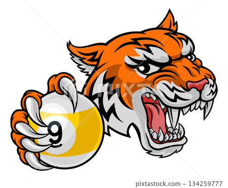 Tiger and 9 Ball Nine Ball Pool Cartoon Mascot 134259777
