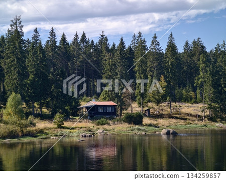 serene woodland area with peaceful cabin, secluded refuge nestled near tranquil lake surrounded 134259857