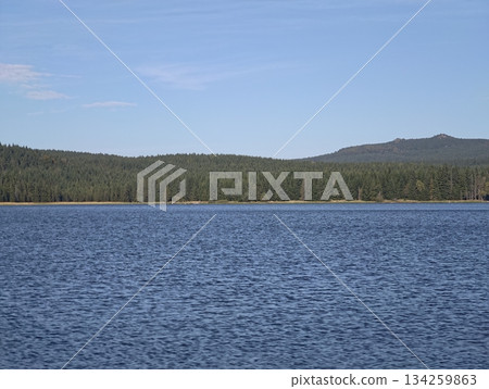 tranquil open water under clear sky, serene lakeside scene with gentle ripples and distant forest tranquil open water under clear sky, serene lakeside scene with gentle ripples and distant forest 134259863