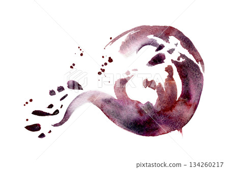 Flowing violet ink-like plume, wine or grape juice swirl spreading into drops. Isolated watercolor hand drawn illustration. Ideal for perfume design, mystical posters, or dreamy product branding. 134260217