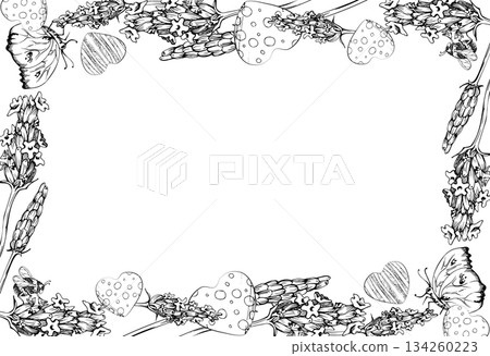 Lavandula lavender flowers with striped and dotted hearts, flying butterfly insect. Isolated border frame illustration hand drawn in vector ink. Home decor, plant pot cover, gardening accessories Lavandula lavender flowers with striped and dotted hearts, flying butterfly insect. Isolated border frame illustration hand drawn in vector ink. Home decor, plant pot cover, gardening accessories 134260223