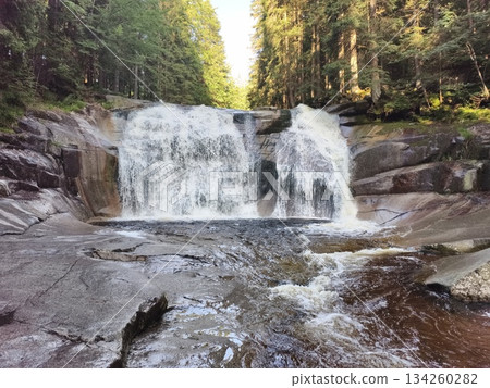 sunshine illuminates towering pines, reflected waters and textured stones under warm evening glow 134260282