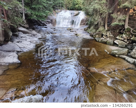 serene water flowing calmly, relaxing natural soundscape with clear water and lush moss banks 134260291