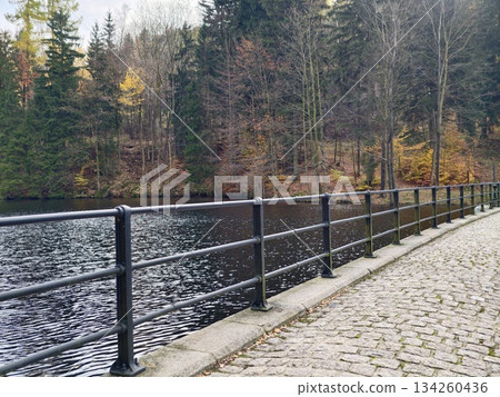 serene lakeside stroll amid autumn foliage, peaceful walk beside reflective lake with fallen leaves serene lakeside stroll amid autumn foliage, peaceful walk beside reflective lake with fallen leaves 134260436