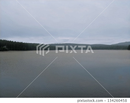 calm lake scene with soft clouds and ripples, tranquil water body bordered by forests and gentle sky cover 134260458