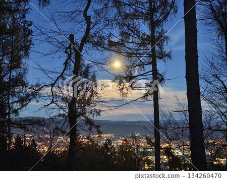 night sky scenery, urban lights under starlit sky, evening view of city from forested hill night sky scenery, urban lights under starlit sky, evening view of city from forested hill 134260470