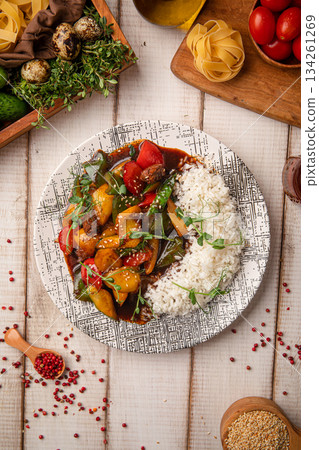 Thai style meat with rice plate 134261269