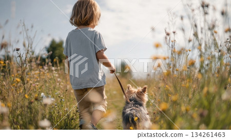 Child walks through a colorful meadow with a small terrier on a leash, enjoying the beauty of wildflowers and warm golden light, a joyful exploration Child walks through a colorful meadow with a small terrier on a leash, enjoying the beauty of wildflowers and warm golden light, a joyful exploration 134261463
