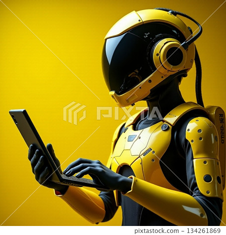 AI generated Android robot with glossy helmet interacts with hightech interface AI generated Android robot with glossy helmet interacts with hightech interface 134261869