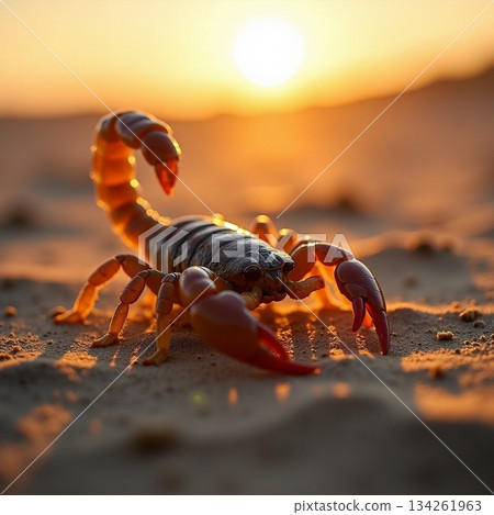 AI generated Detailed closeup of scorpion illuminated by setting sun in sandy environment 134261963