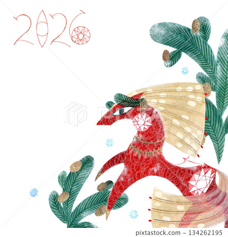 A New Year's illustration featuring a red horse and branches on a white background. Hand-drawn with paints and pencils. Suitable for use on postcards and calendars. A New Year's illustration featuring a red horse and branches on a white background. Hand-drawn with paints and pencils. Suitable for use on postcards and calendars. 134262195