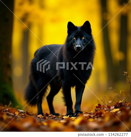 AI generated Black wolf watches sunlit autumn glade, soft rim light, steady attentive AI generated Black wolf watches sunlit autumn glade, soft rim light, steady attentive 134262277