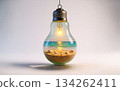 A glass light bulb on a white background containing a sandy beach, blue sea and bright sun, symbolizing vacation, relaxation, summer travel and positive getaway concepts.Ai generation 134262411