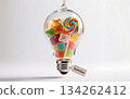 A glass light bulb on a white background filled with candies, lollipops and jelly sweets, representing sweetness, fun, creativity and playful food concepts for commercial design.Ai generation 134262412