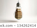 A clear light bulb on a white background with a stack of books and rolled paper scrolls inside it, symbolizing education, learning, history, academic research and scientific knowledge.Ai generation 134262414