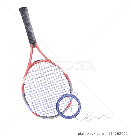 Tennis racket with loose blue string for restringing for tennis service, equipment, and professional branding use. Tennis racket with loose blue string for restringing for tennis service, equipment, and professional branding use. 134262431