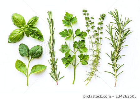 Set of herbal spices for cooking,medicines,tinctures,drinks on white 134262505