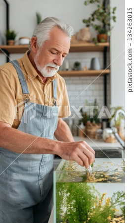 Elderly man caring for aquarium by adding fish food, surrounded by greenery and warm interior, showcasing daily routine and companionship with pets 134263015