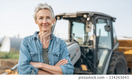 Female farmer confidently stands with arms crossed beside tractor, showcasing modern agriculture and empowerment in the Year of the Female Farmer Female farmer confidently stands with arms crossed beside tractor, showcasing modern agriculture and empowerment in the Year of the Female Farmer 134263043