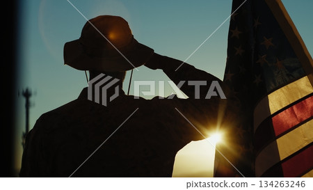Silhouette of an American soldier in Front of a Flag Saluting During Memorial Day 134263246